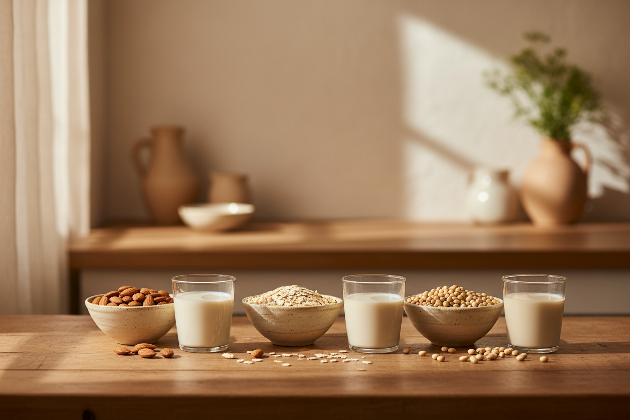 Trois bols d'amandes, avoine et soja avec verres de lait végétal pour comparatif protéines