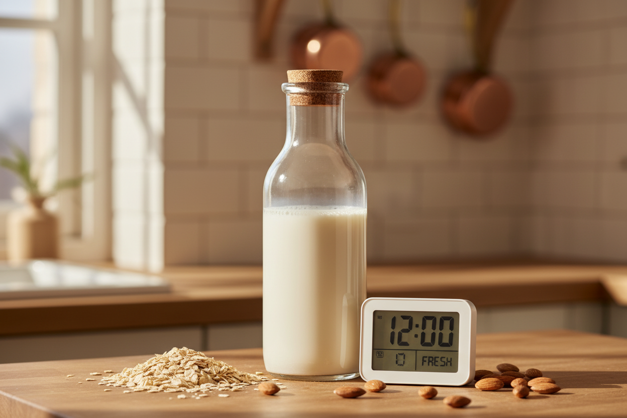 Bouteille de lait végétal maison avec indication de conservation