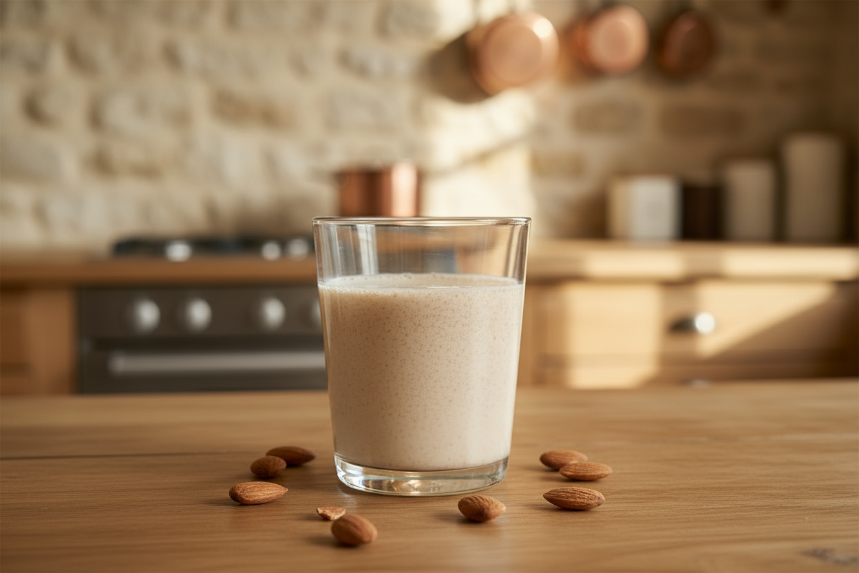 Verre de lait d'amande maison avec texture granuleuse