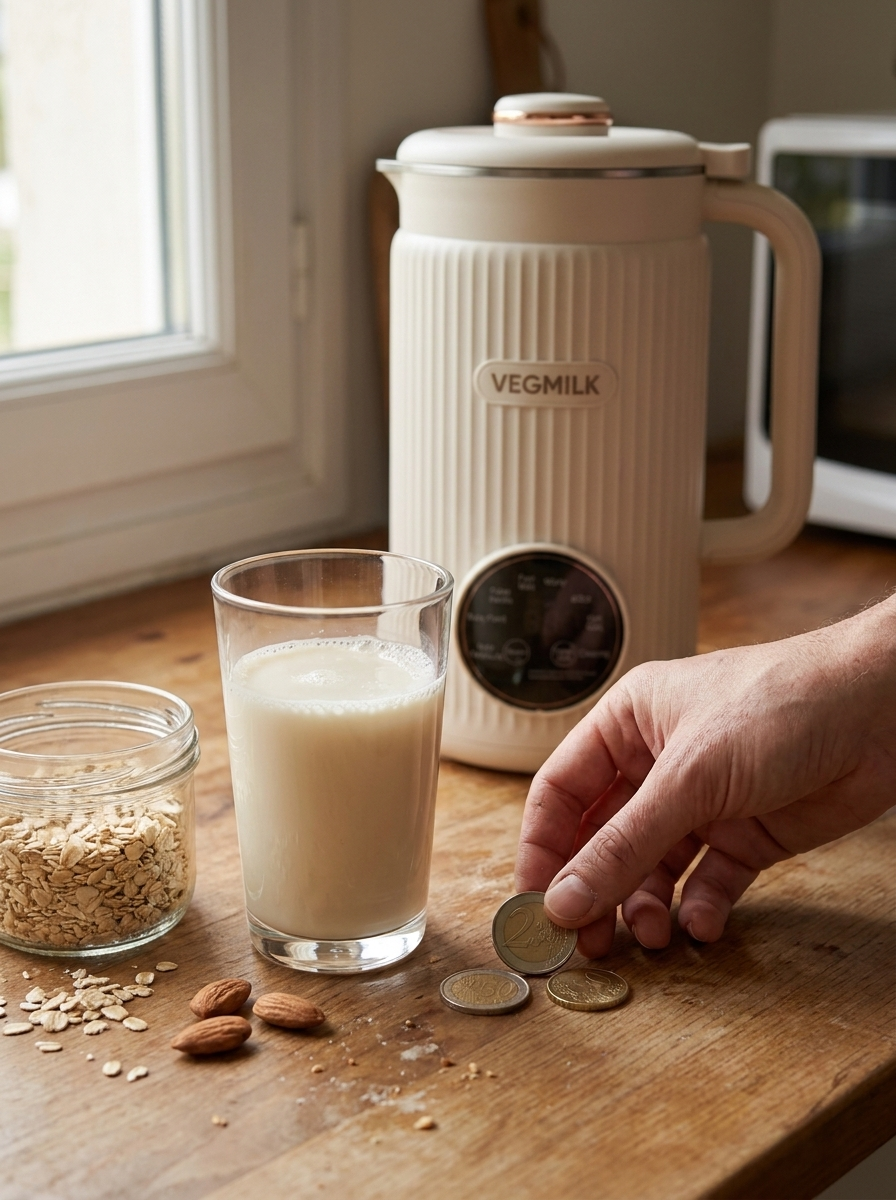 Main posant une pièce de monnaie à côté d'un verre de lait végétal fraîchement versé, lumière naturelle